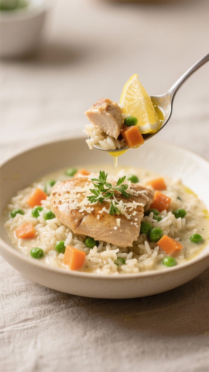 Final plated dish beauty shot: A generous spoonful of Creamy Chicken and Rice served in a warm off-w