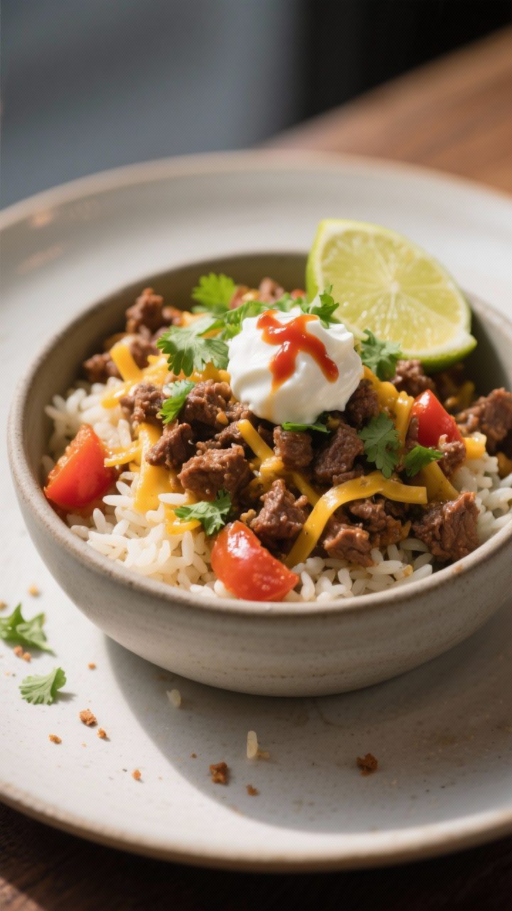 Final plated dish, beauty shot: Beautifully plated bowl of the beef and rice skillet, fluffed and sp
