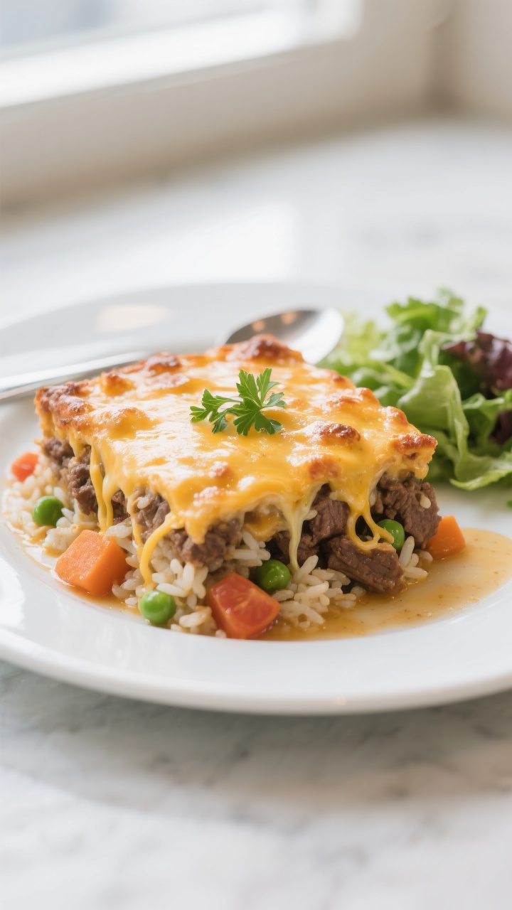 Final plated dish — Comforting, cheesy finish: Beautifully plated square of Beef and Rice Casserol