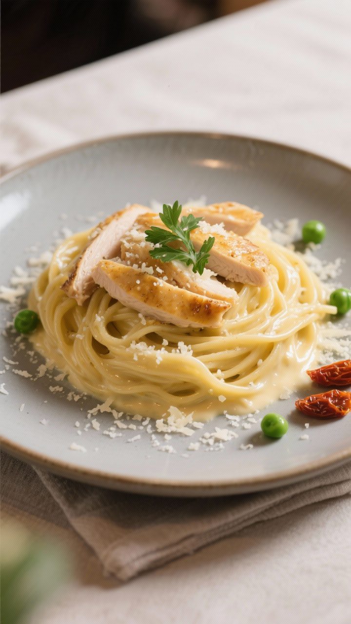 Final plated dish: Elegant single-serve plate of Chicken Alfredo with a neatly twirled mound of fett