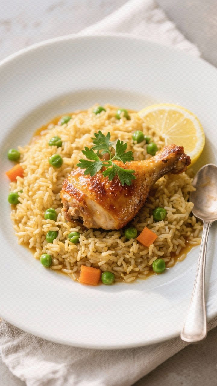 Final plated dish, overhead presentation: Restaurant-quality plate of one-pot chicken and rice, . A