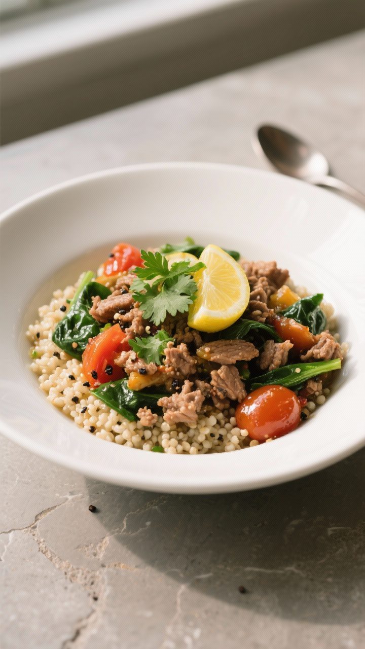 Final plated dish, restaurant-quality presentation: Beautifully plated bowl of Ground Turkey and Veg