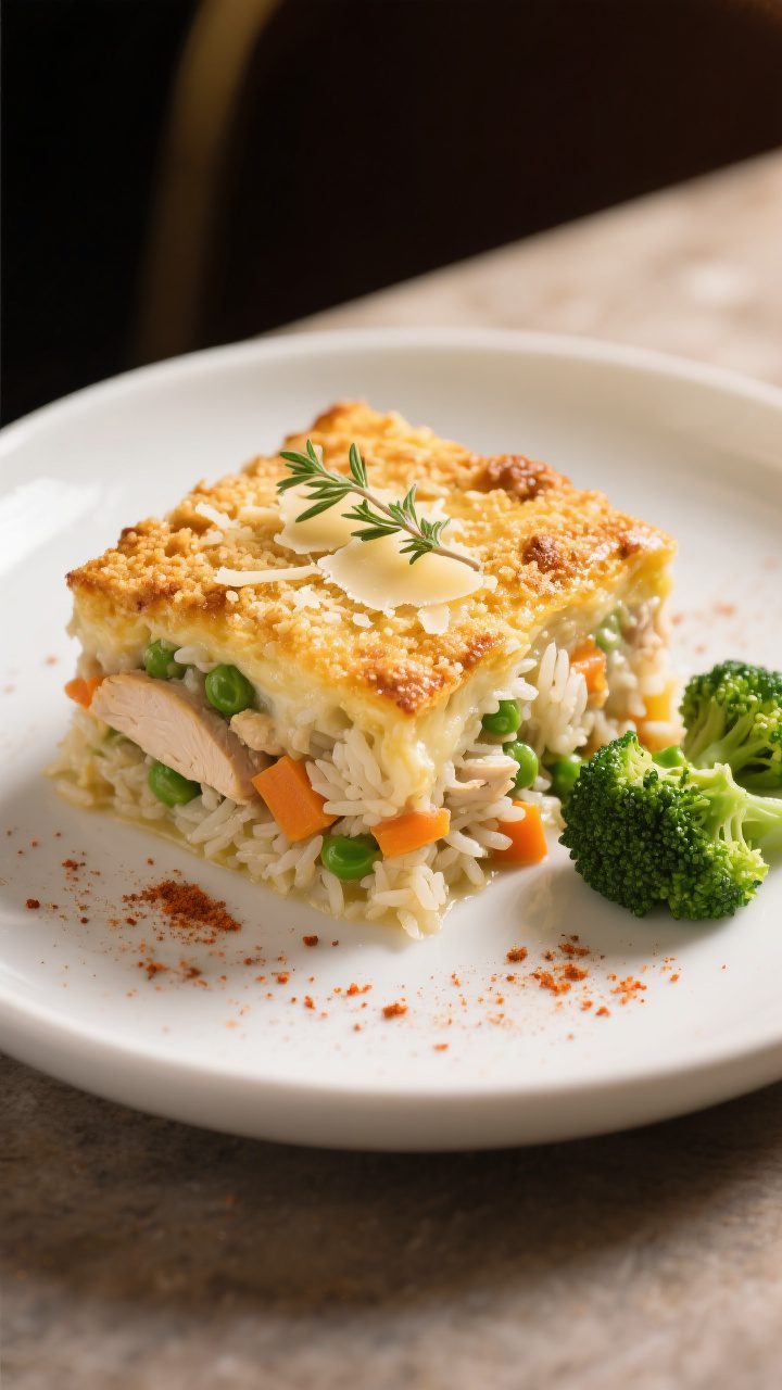 Final plated dish: Restaurant-quality presentation of a generous square of chicken and rice casserol