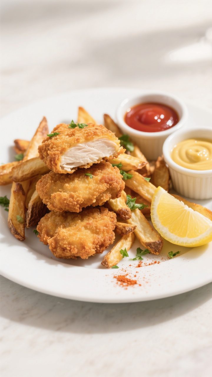 Final plated dish: Restaurant-quality presentation of crispy chicken nuggets and fries on a matte wh
