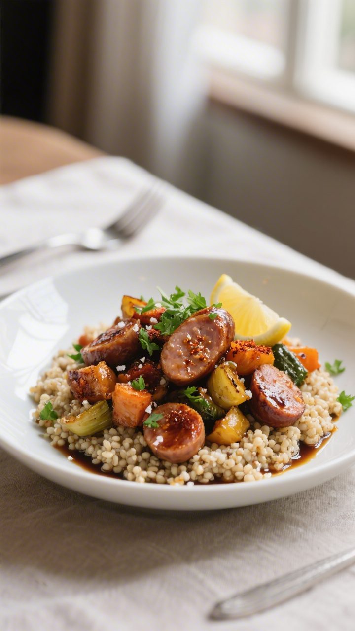 Final plated dish: Restaurant-quality presentation of the roasted sausage and veggies piled over war