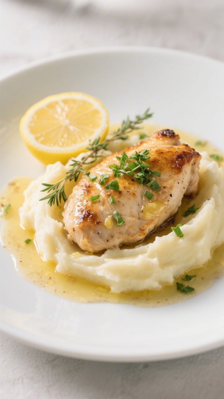 Final plated dish: Restaurant-quality presentation of garlic butter chicken atop creamy mashed potat
