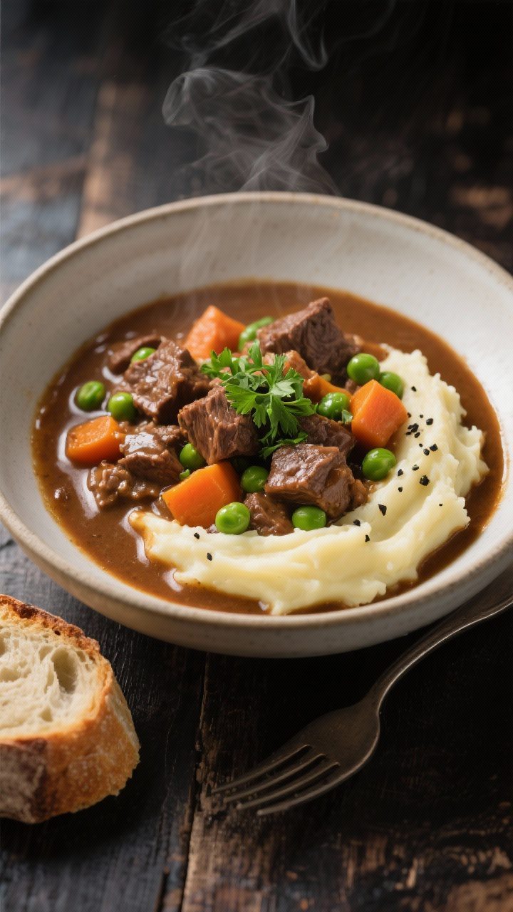 Final plated dish, restaurant-quality presentation: Deep bowl of finished beef stew ladled over a be
