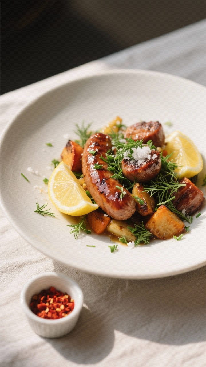 Final plated dish: restaurant-quality presentation of the roasted sausage and vegetables in a wide,