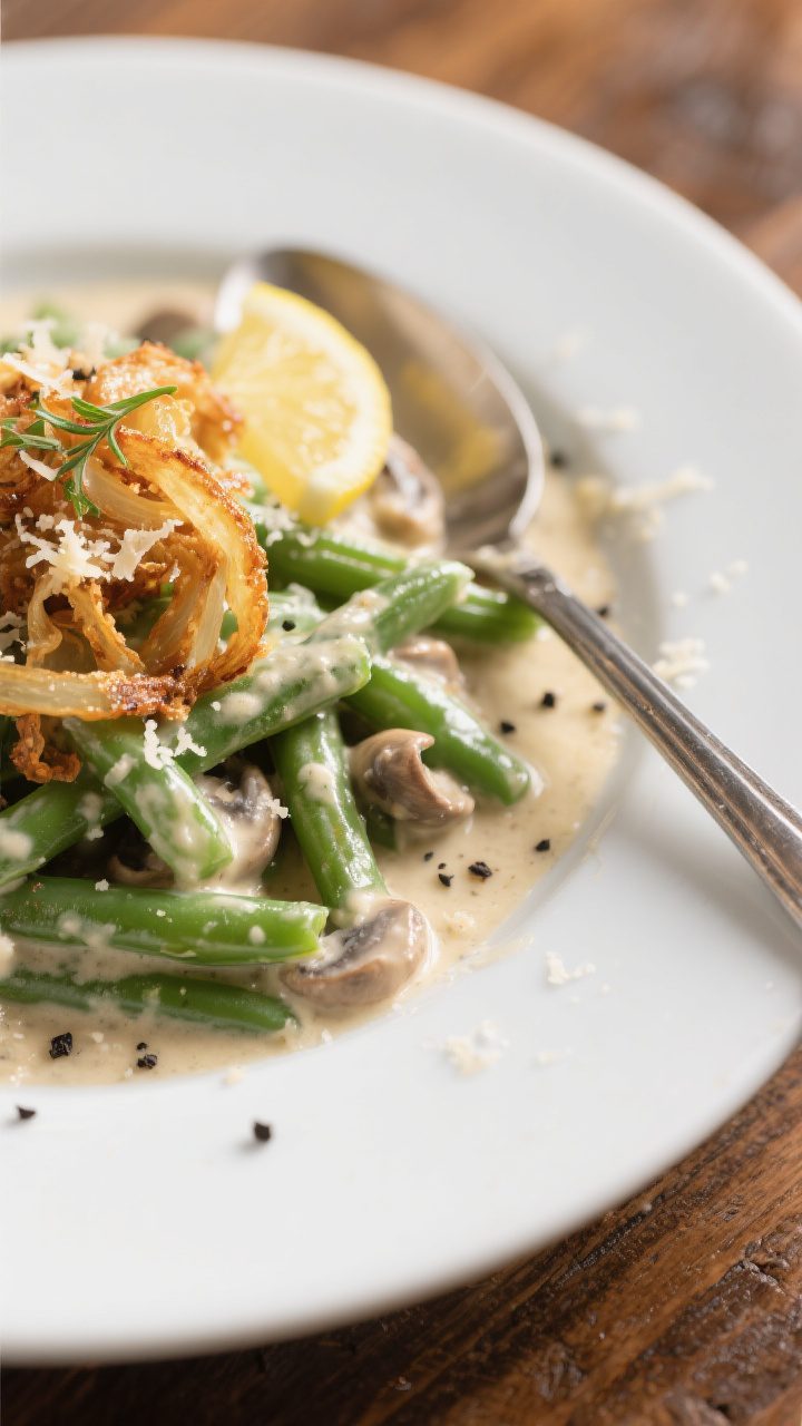 Final plated dish: Restaurant-quality serving of classic green bean casserole scooped onto a matte w