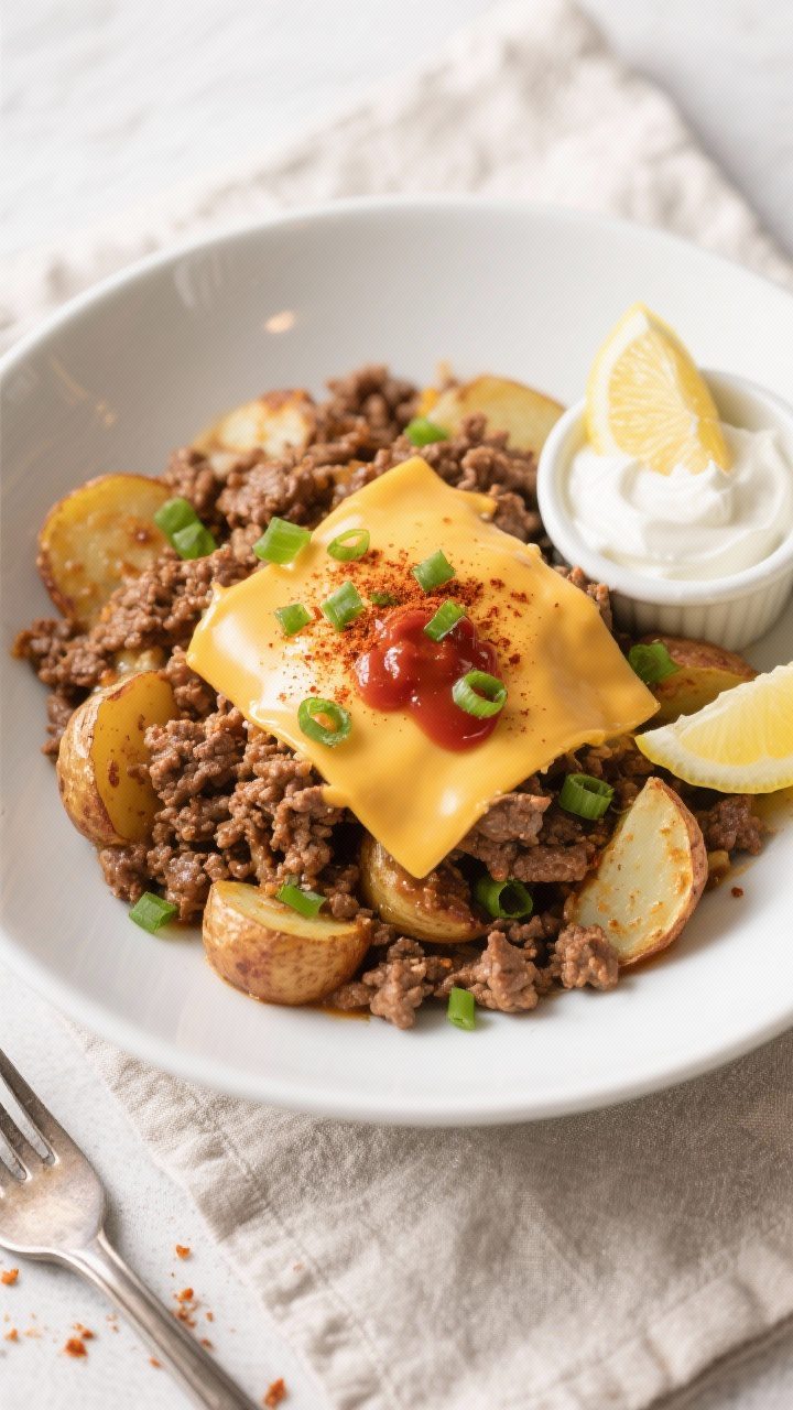 Final plated dish, top-down: Ground Beef and Potato Skillet served in a wide, shallow white bowl, to