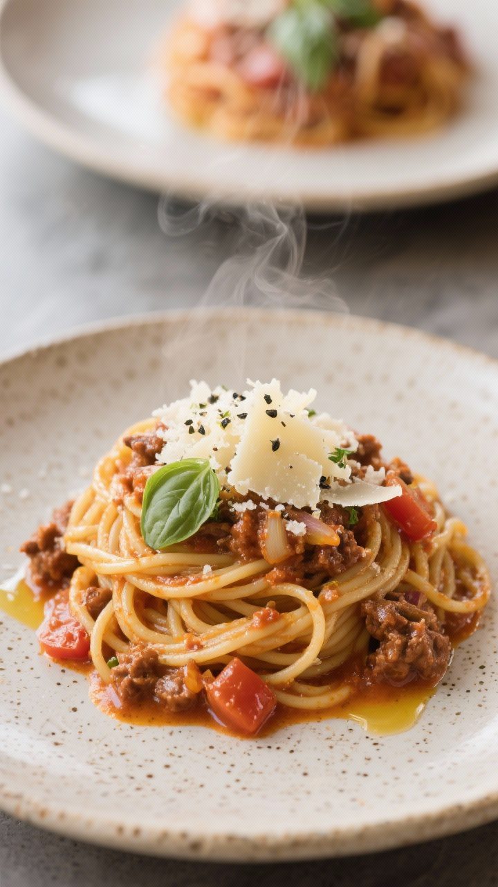 Final plated hero: Beautifully twirled nest of spaghetti with rich, thick meat sauce pooling gently,