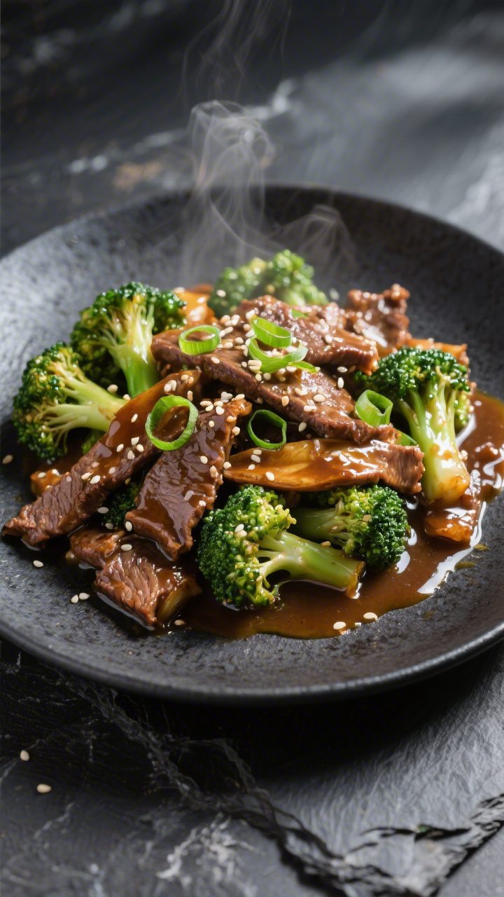 Final plated hero shot at a slight 45-degree angle: beautifully plated Beef and Broccoli Stir Fry wi