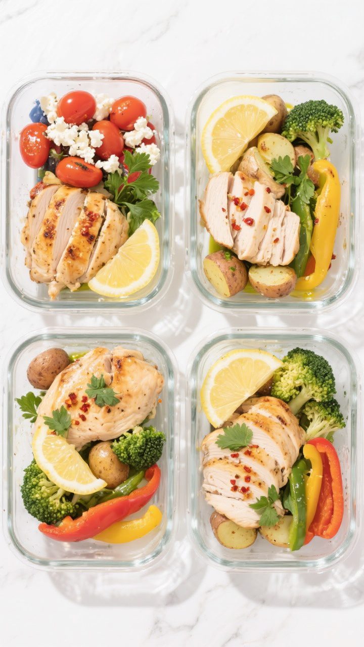 Final plated meal-prep presentation: overhead view of four glass containers neatly portioned with sl