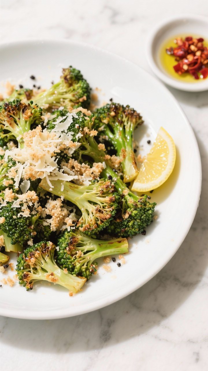 Final plated overhead shot: Garlic Parmesan roasted broccoli served in a wide, shallow white bowl, t
