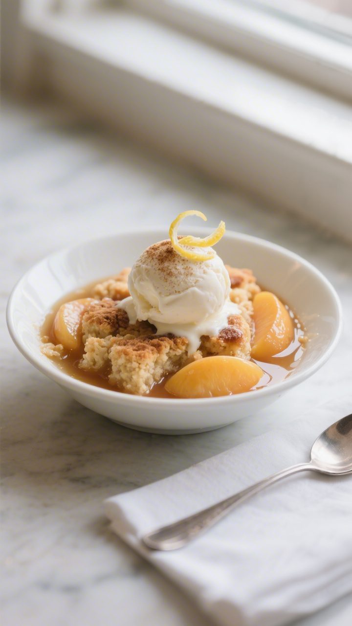 Final plated presentation: a single serving of peach cobbler in a shallow white bowl, topped with a