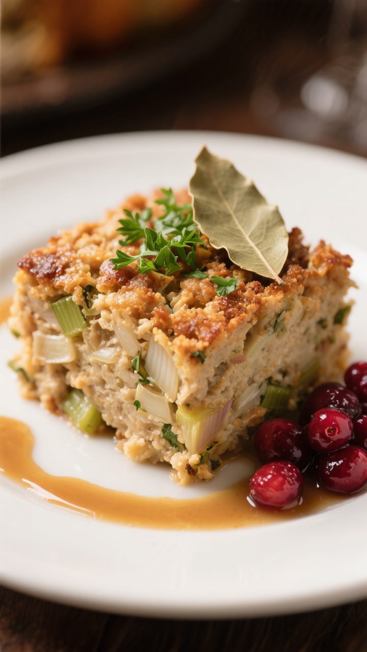 Final plated presentation: Generous square of stuffing sliced cleanly to show contrast between crunc