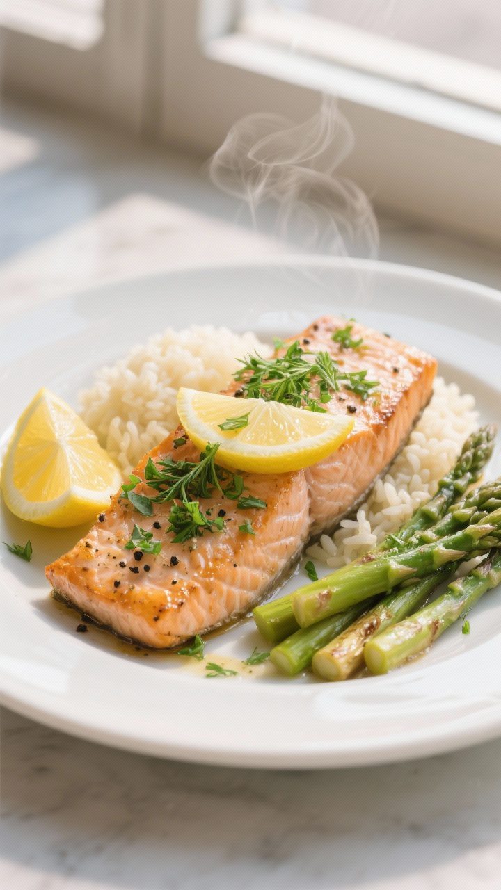 Final plated presentation: restaurant-quality plating of baked salmon with lemon and herbs on a matt