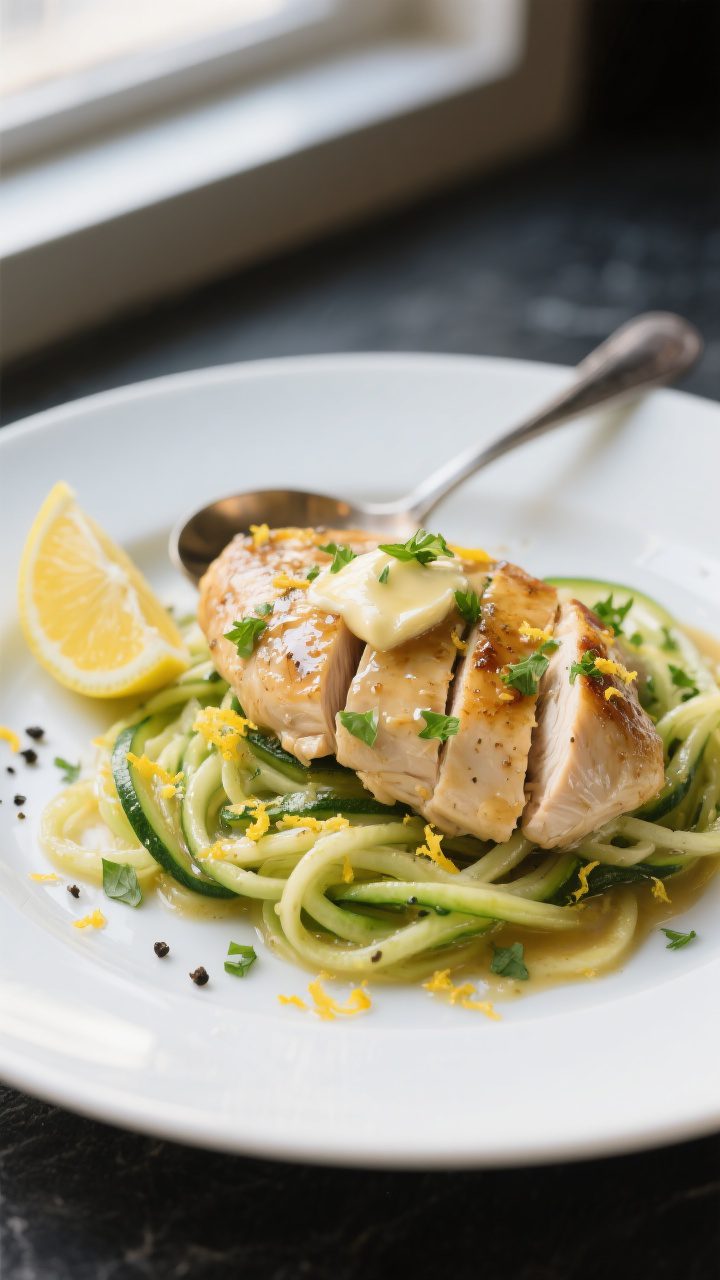 Final plated presentation: Restaurant-quality plate of garlic butter chicken over zucchini noodles,