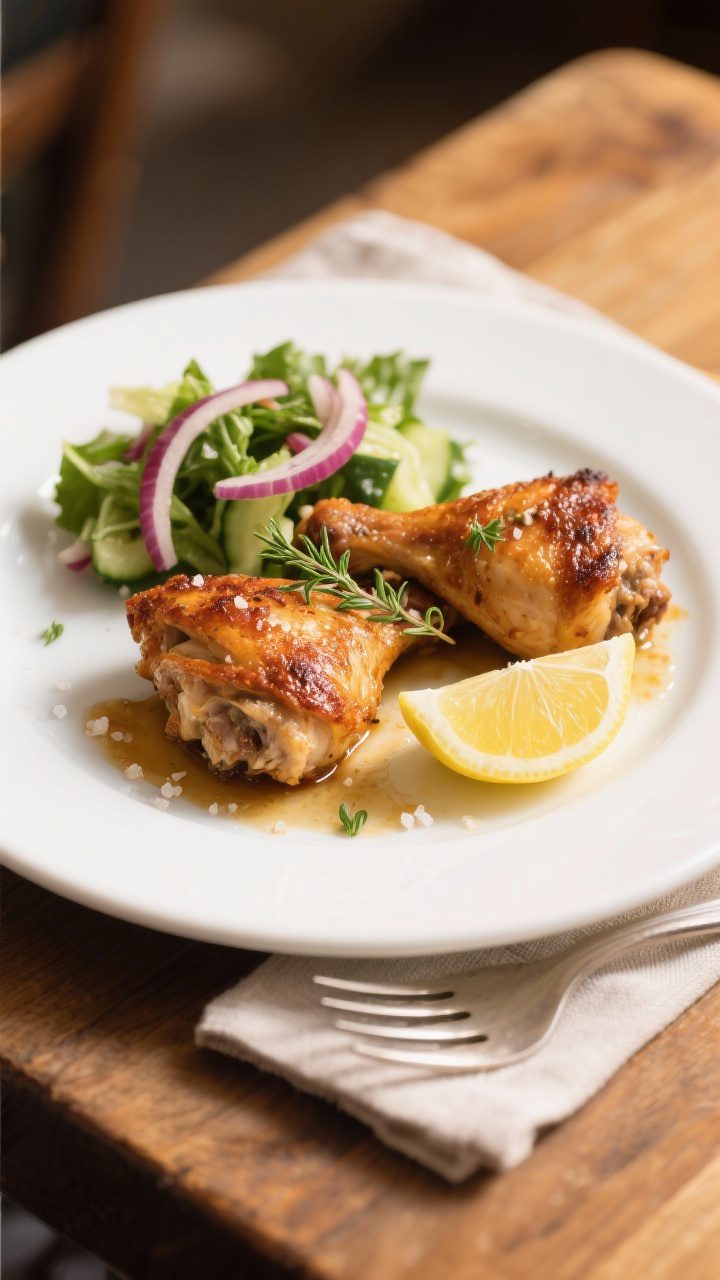 Final plated presentation: Restaurant-quality plate of two crispy chicken thighs, skin shatteringly