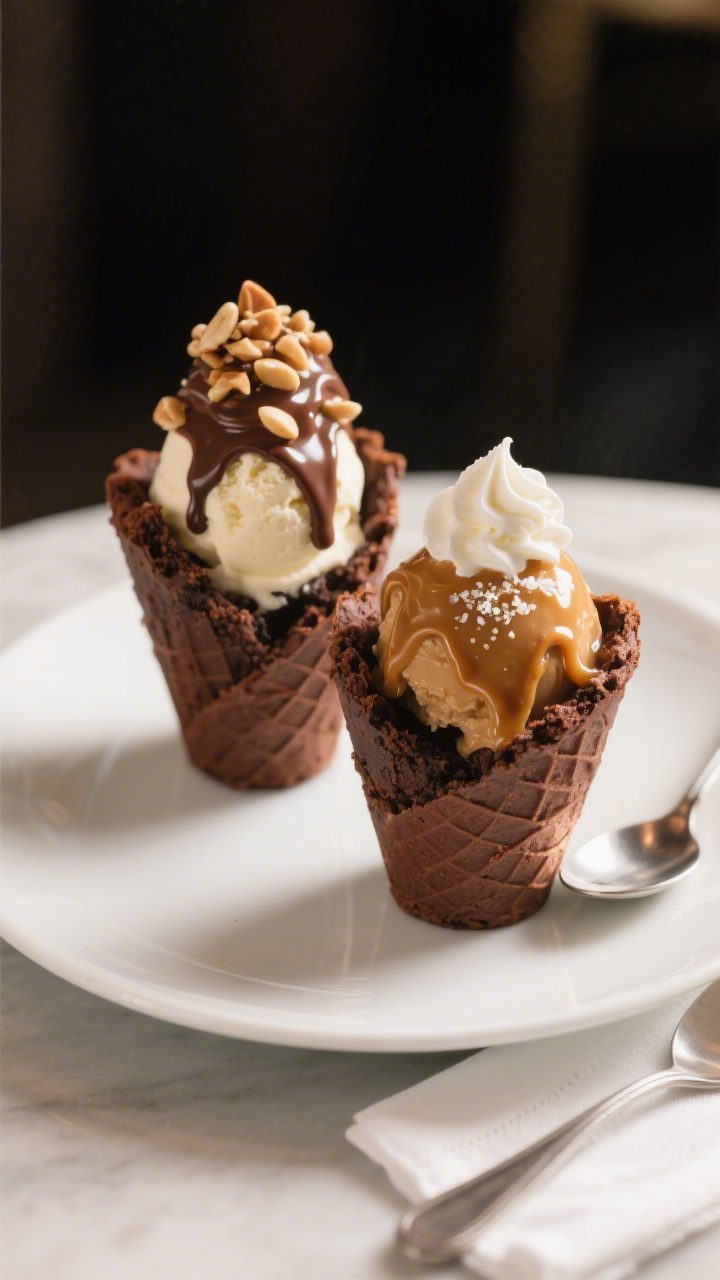 Final plated presentation: two brownie sundae cups on a matte white dessert plate, one classic vanil