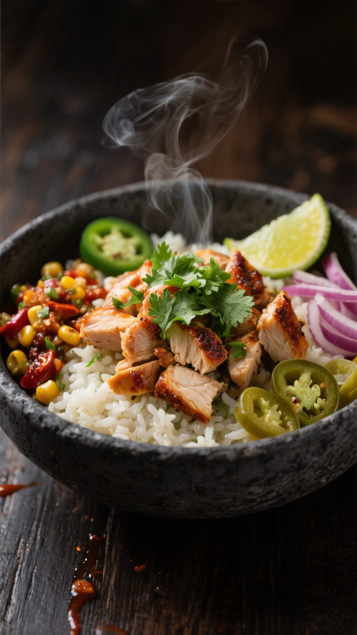 Final plated, restaurant-quality presentation: Three-quarter angle beauty shot of a composed chicken