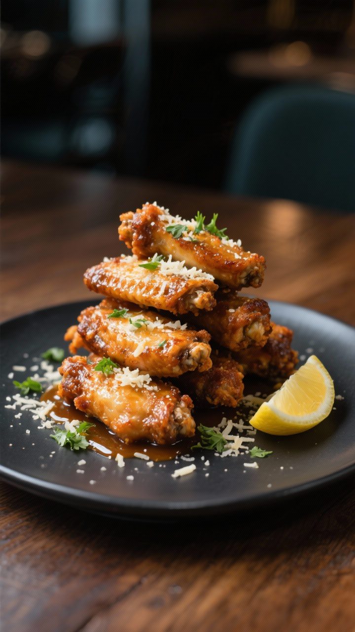 Final plated restaurant-style presentation: A neat stack of air-fried Garlic Parmesan wings on a dar