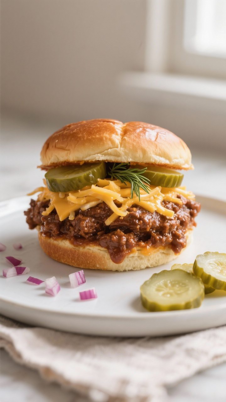 Final plated sandwich: A beautifully stacked Sloppy Joe on a toasted brioche bun, overflowing with g