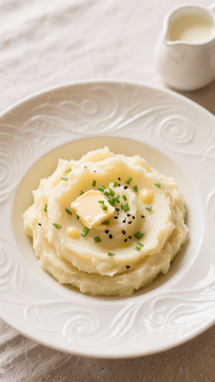 Final plated top view: Overhead shot of creamy mashed potatoes mounded in a warm white shallow bowl,