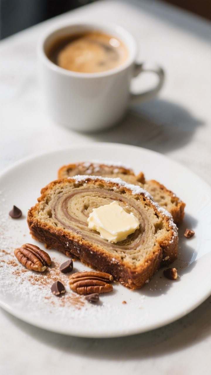 Final presentation: beautiful café-style plating of thick, neat slices of classic banana bread serv