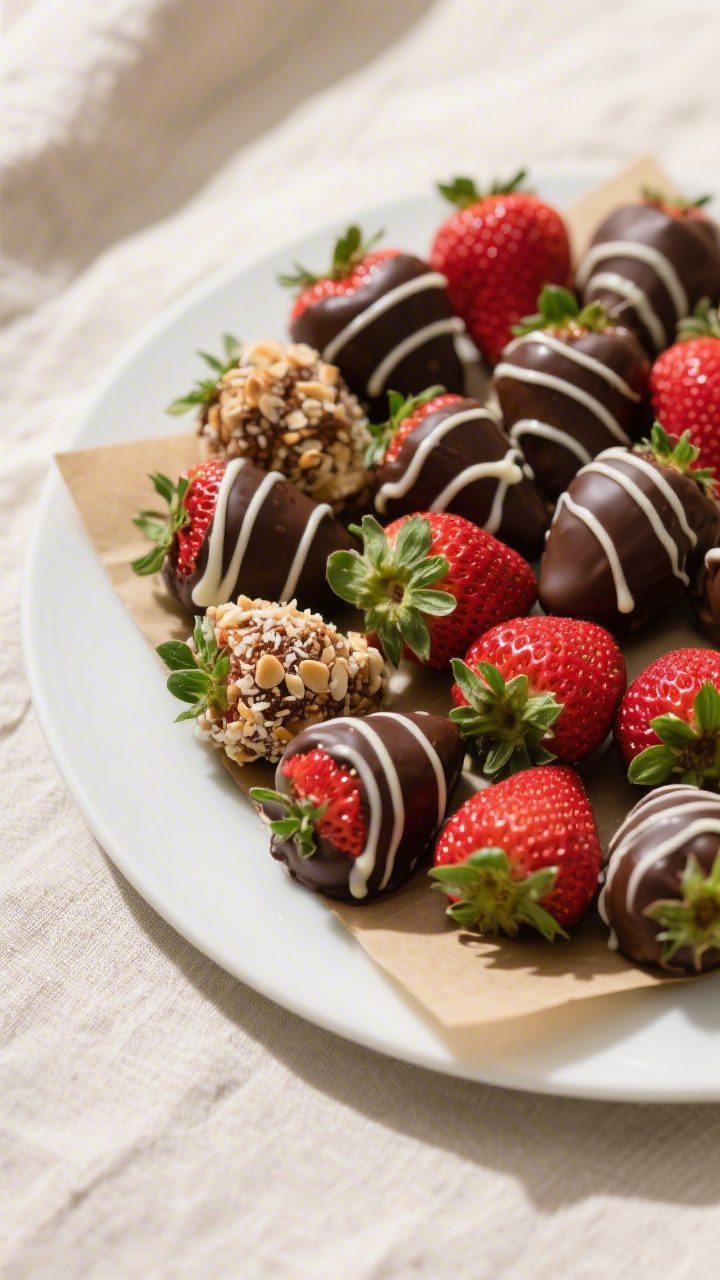 Final presentation: Beautiful party-ready platter of assorted chocolate-covered strawberries arrange