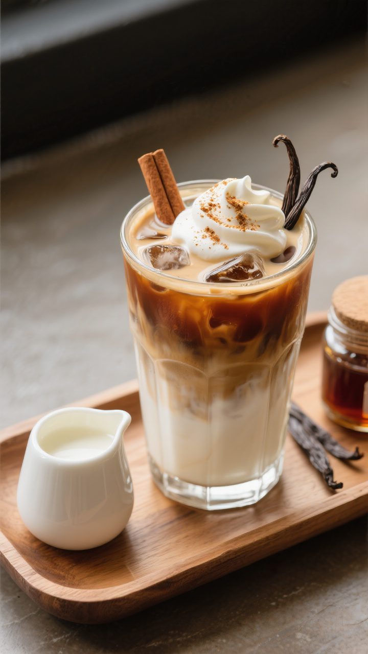 Final presentation: Beautifully plated café-style creamy vanilla cold brew served over ice in a tal