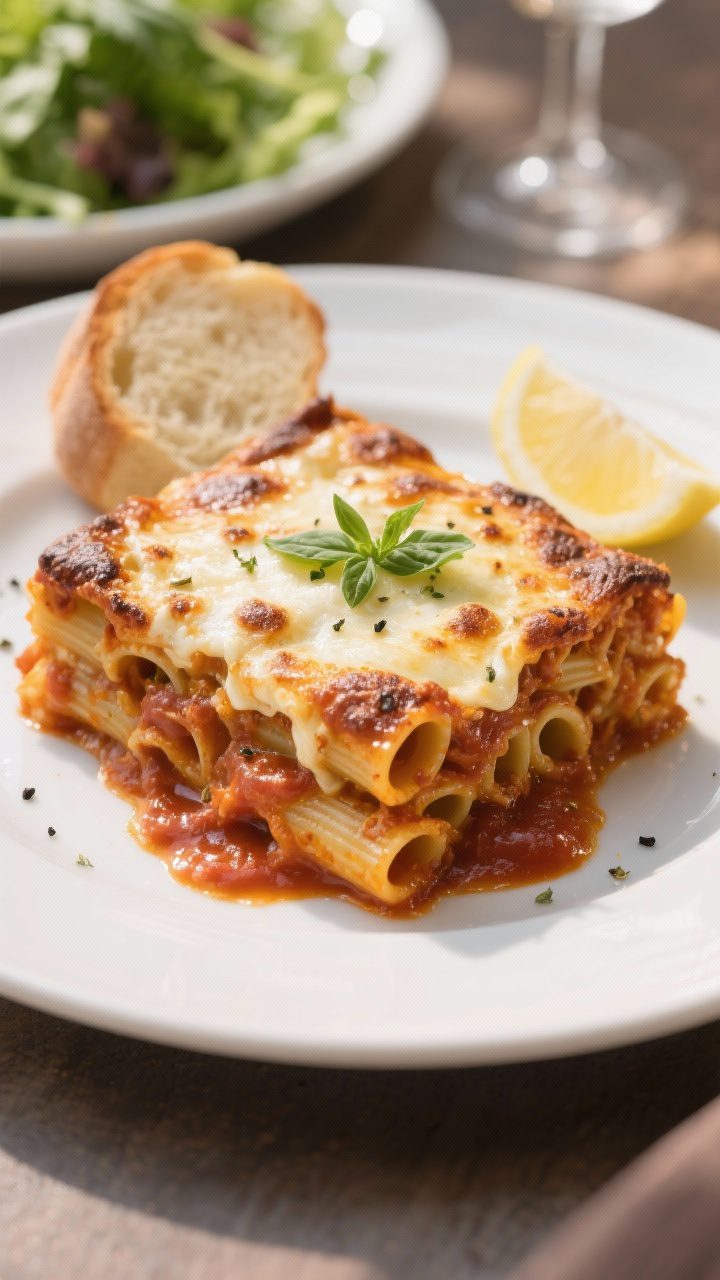 Final presentation: Beautifully plated slice of baked ziti on a white ceramic plate, clean layers vi