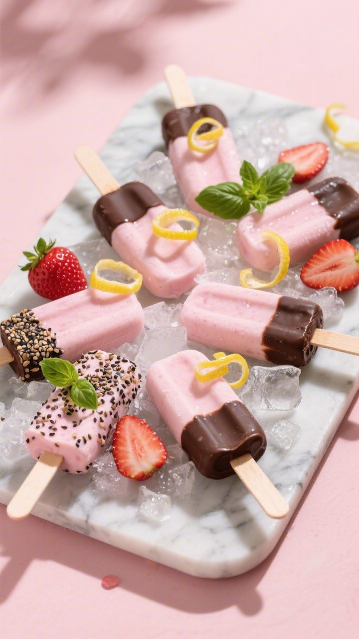 Final presentation: Beautifully styled platter of finished Strawberry Yogurt Popsicles arranged on a