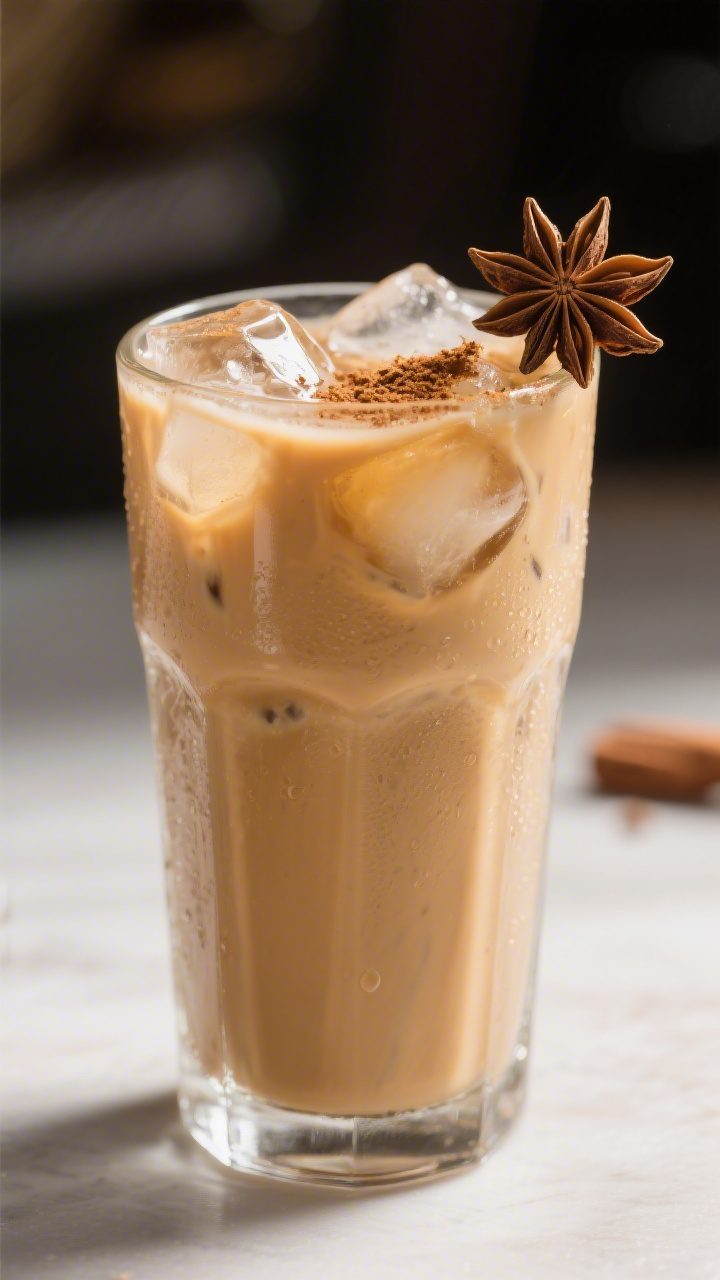 Final presentation beauty shot: single tall glass of iced vanilla chai latte with perfectly integrat