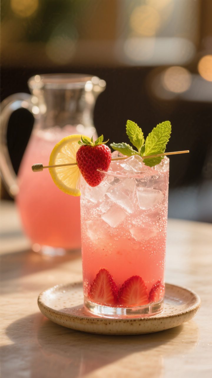 Final presentation beauty shot: Single tall glass of strawberry lemonade on a small ceramic coaster,