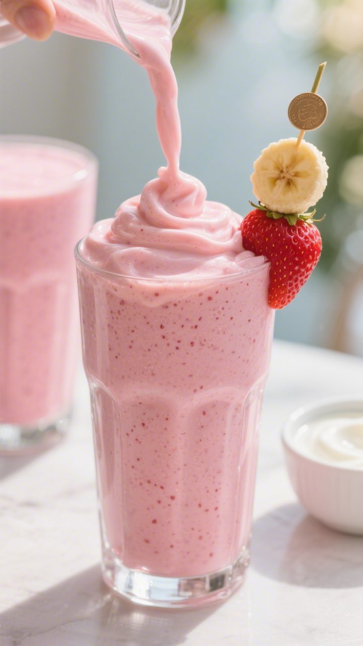 Final presentation: Close-up detail of an ultra-creamy strawberry banana smoothie pour creating a sm
