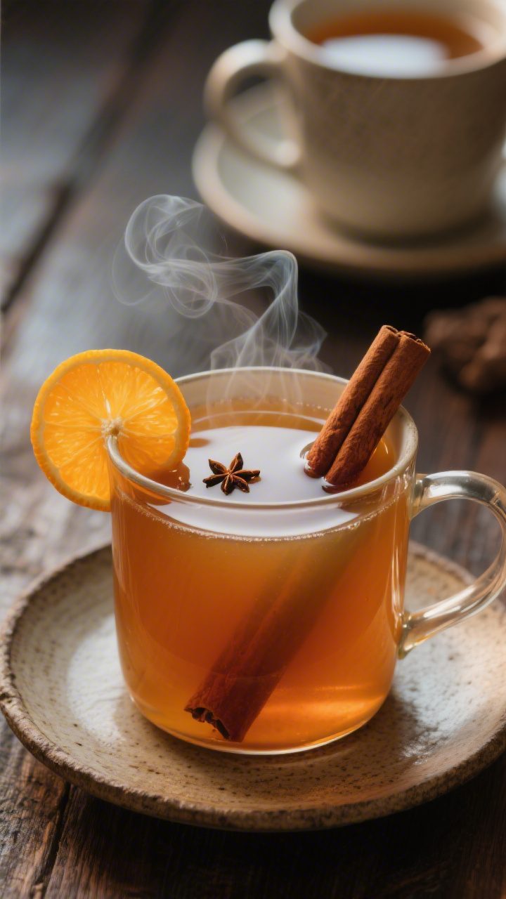 Final presentation, cozy detail: Close-up of a steaming mug of hot apple cider on a rustic saucer, u