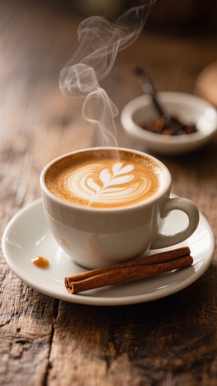 Final presentation, cozy plated moment: Three-quarter angle close-up of a single cozy mug of chai la