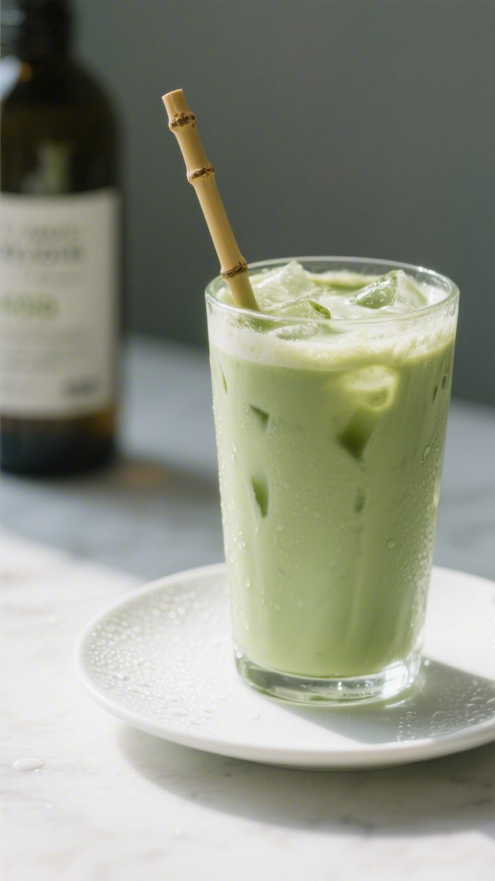 Final presentation glamour shot: beautifully finished iced matcha latte with fully integrated pale j