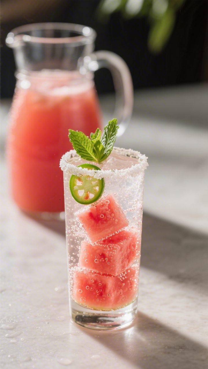 Final presentation hero: Beautifully plated summer mocktail variation—Watermelon Lime Spritzer—t