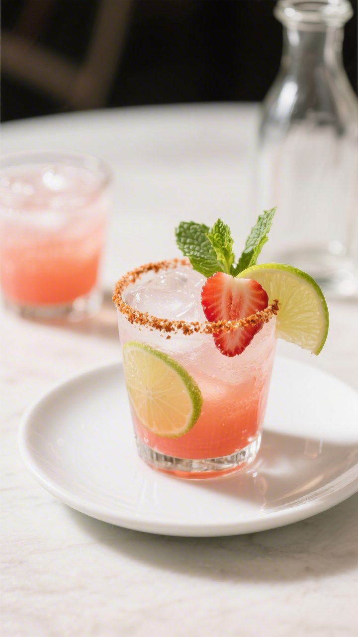 Final presentation: Restaurant-quality glass of strawberry agua fresca on a small white plate with a