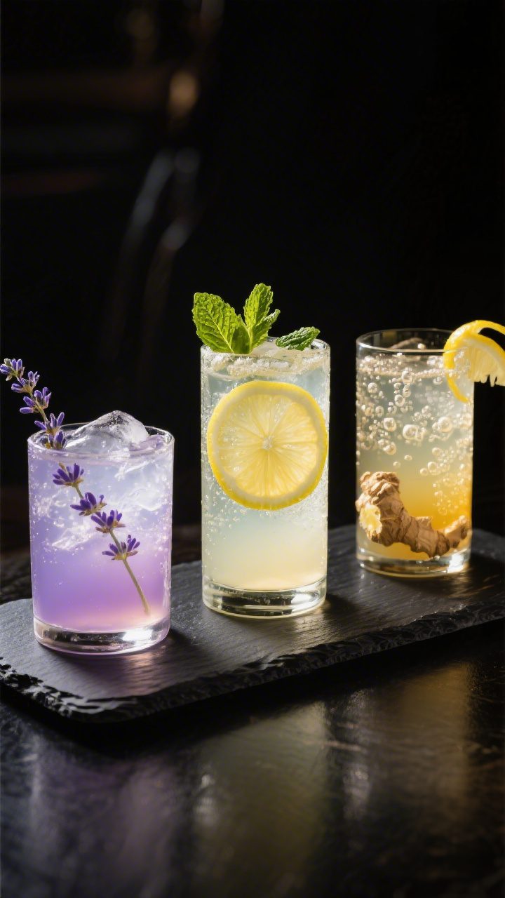 Final presentation: Restaurant-quality plated mocktail trio on a dark slate tray for contrast—cent