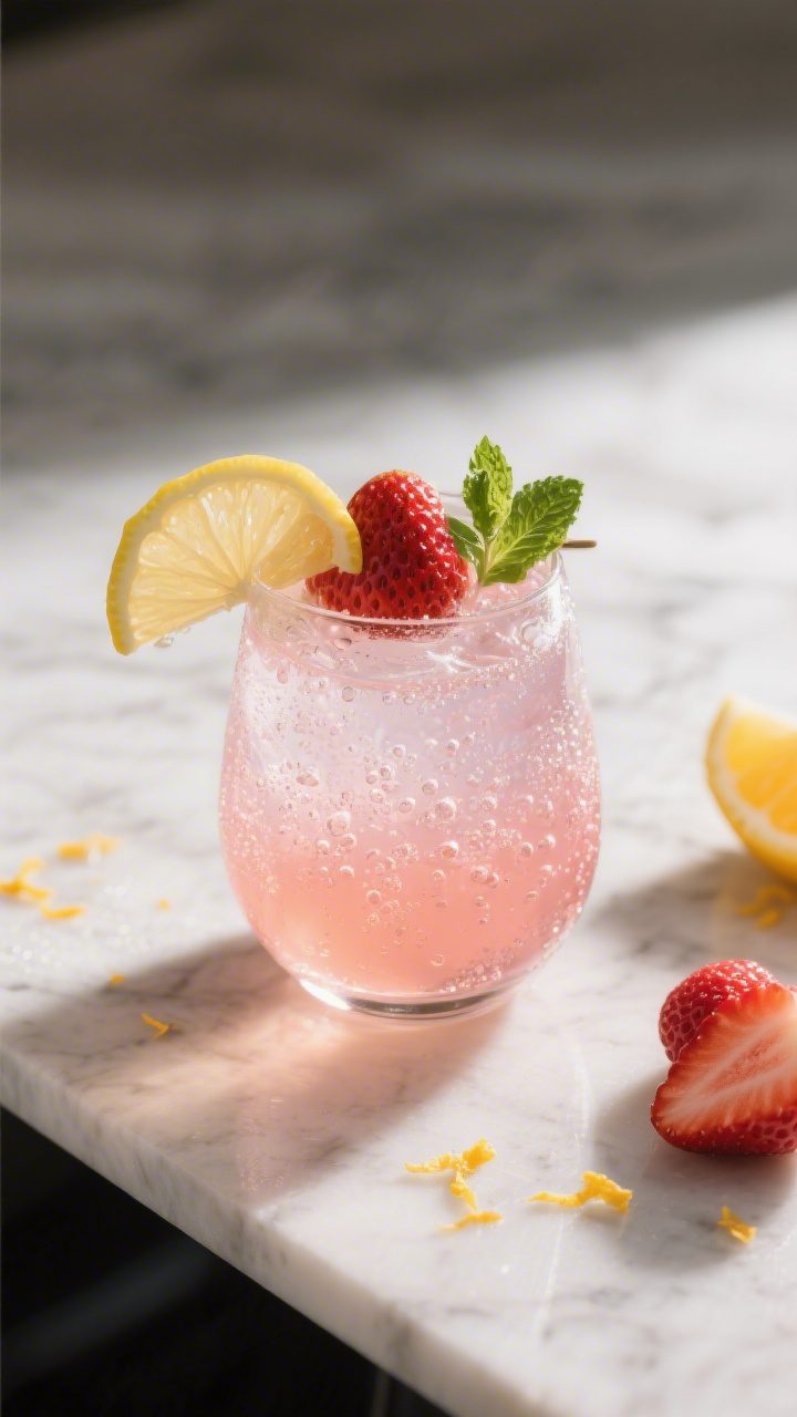 Final presentation: Restaurant-quality scene of a single Strawberry Spritzer in a clear stemless win