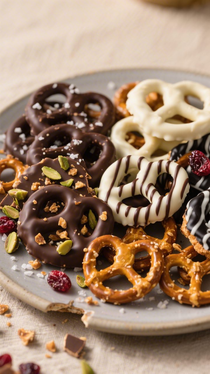 Final presentation shot: A curated party platter of assorted chocolate-covered pretzels—dark with