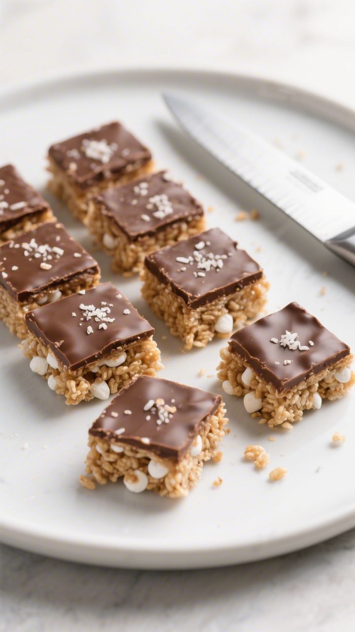 Final presentation shot: Neatly sliced squares of Peanut Butter Chocolate Rice Krispie Treats arrang