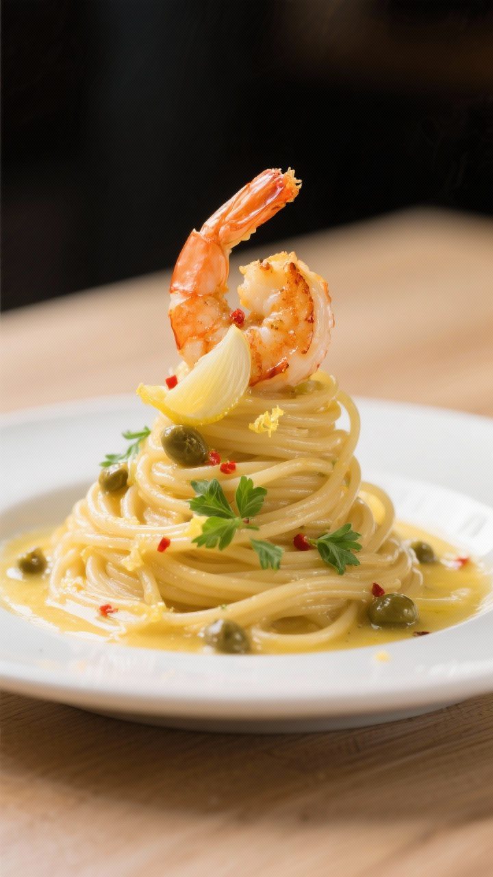 Final restaurant-style presentation: Tight 3/4 angle close-up of a single twirl of spaghetti lifted