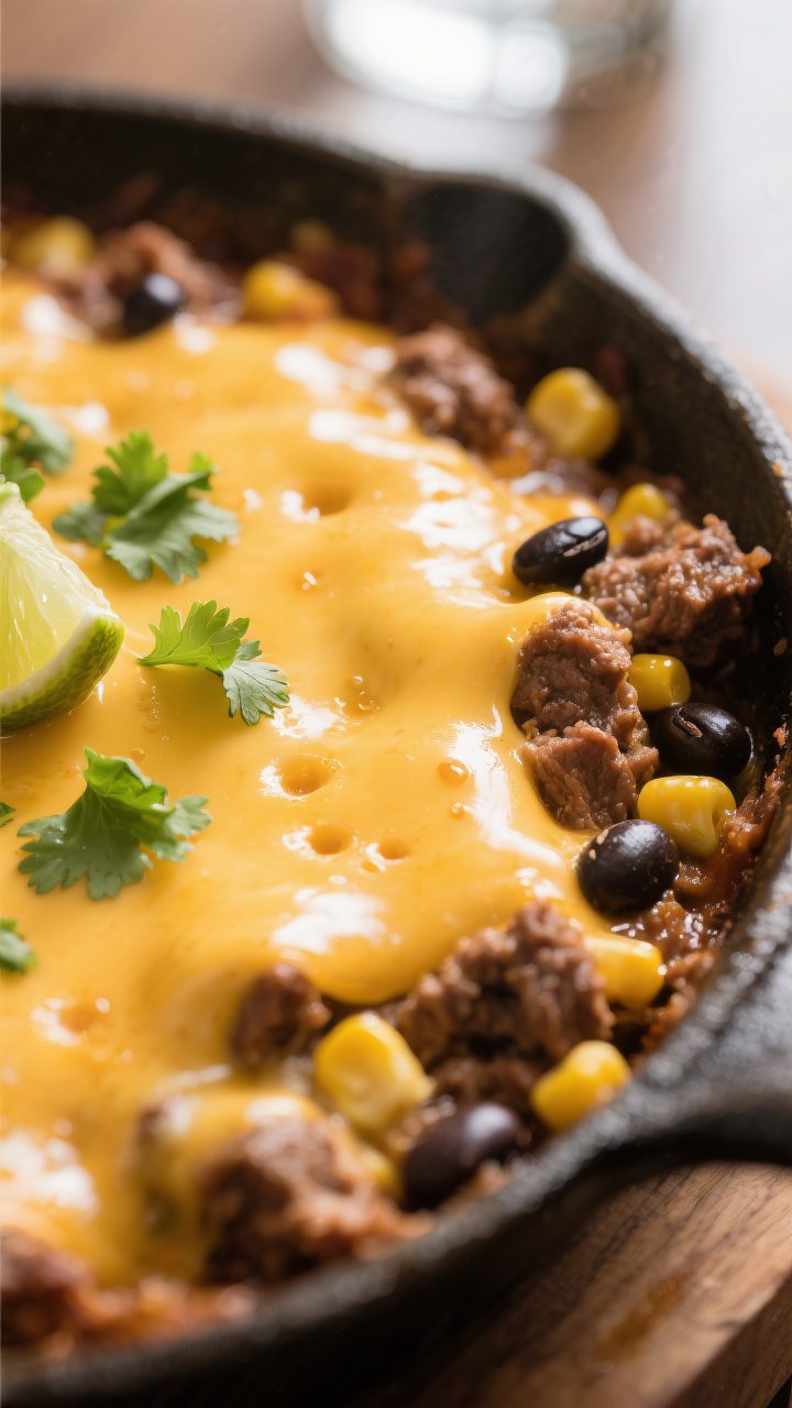 Melty cheese close-up — finishing the skillet: Tight, shallow–depth-of-field shot of the taco sk