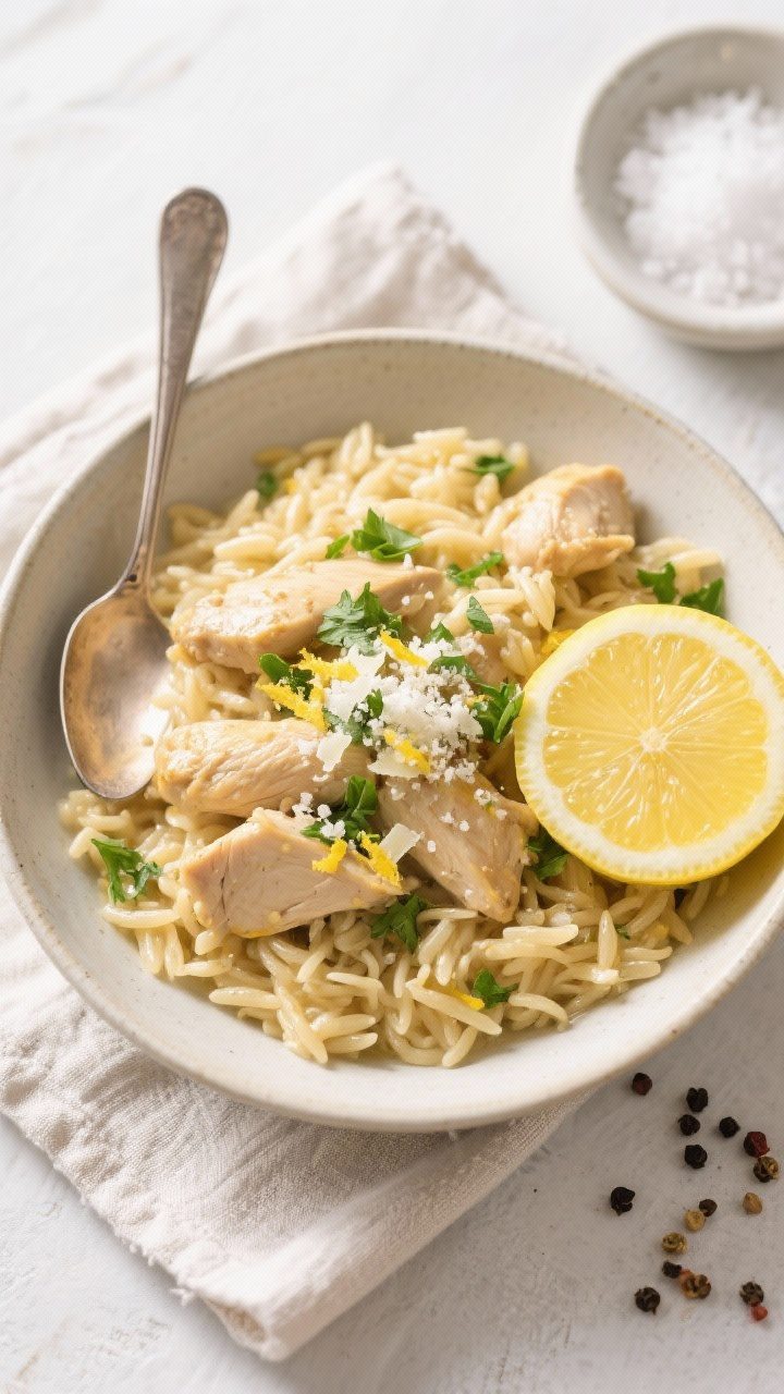 Overhead final dish: Tasty of a shallow bowl filled with one-pot lemon chicken orzo, creamy but spoo