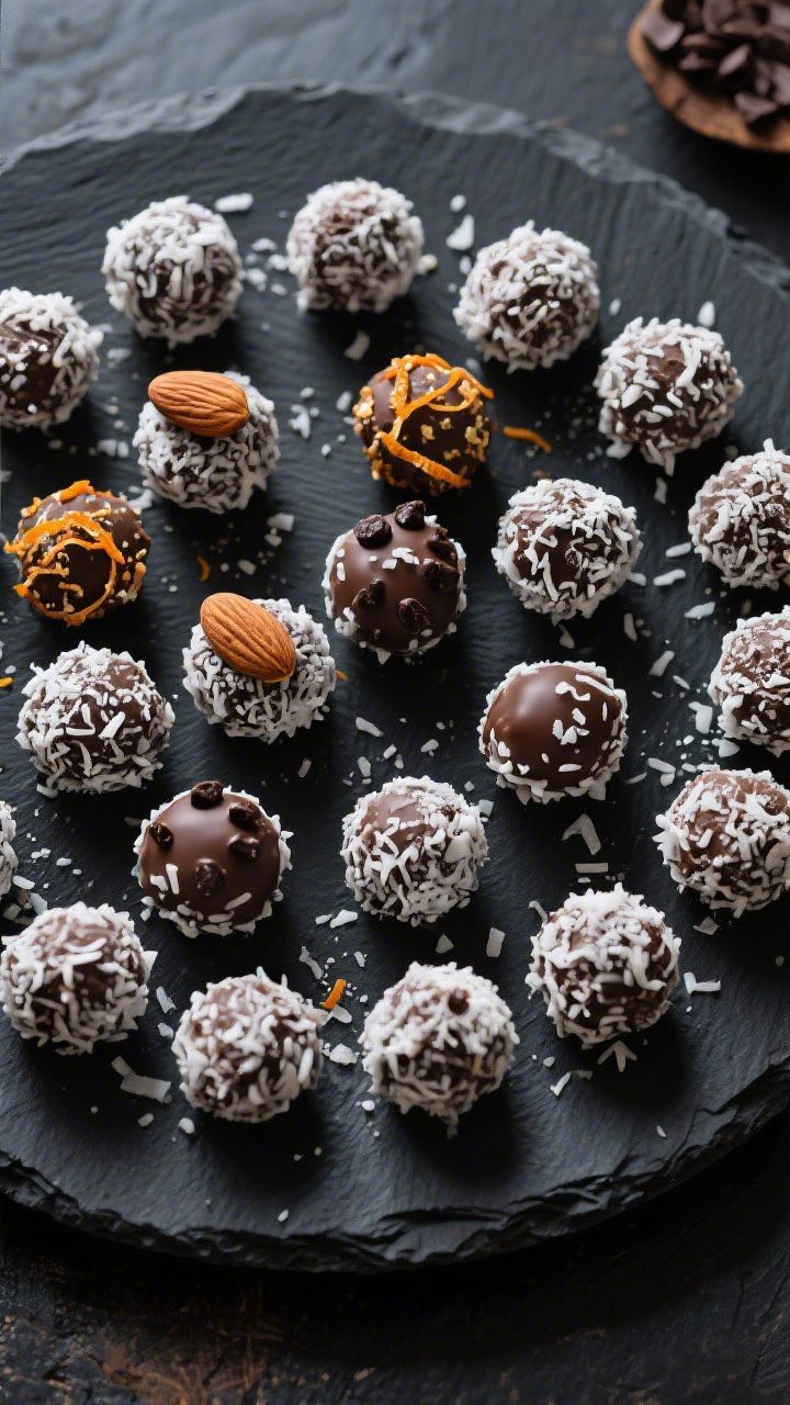 Overhead final presentation: an elegant dark stone platter filled with 18–22 neatly arranged choco
