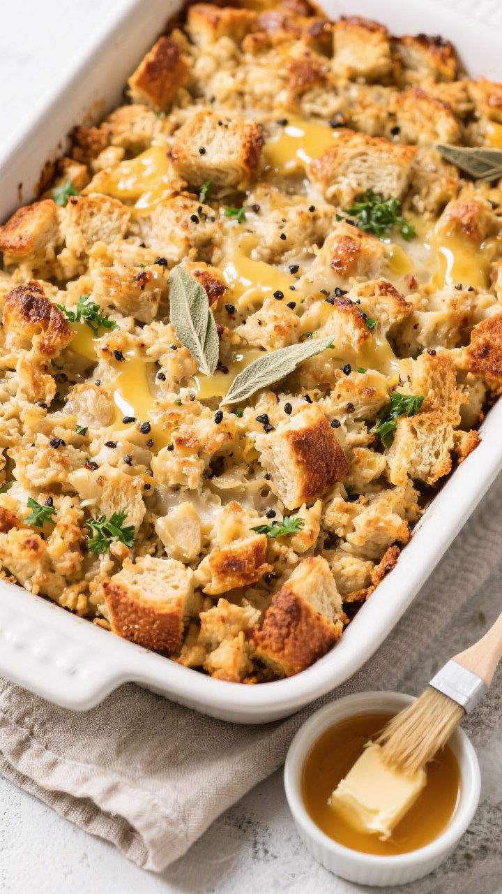 Overhead “in the dish” shot: Oven-baked classic Thanksgiving stuffing in a 9x13 casserole, top p